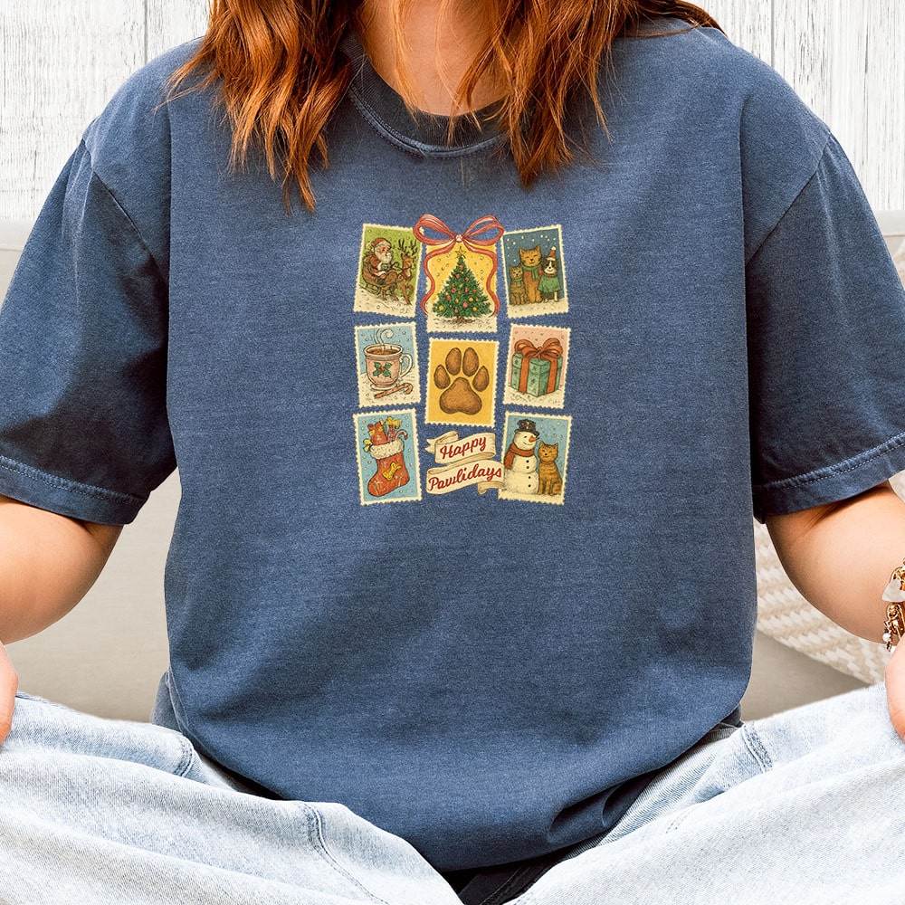 Comfort Colors Christmas Stamps Vintage Washed Tee - Denim