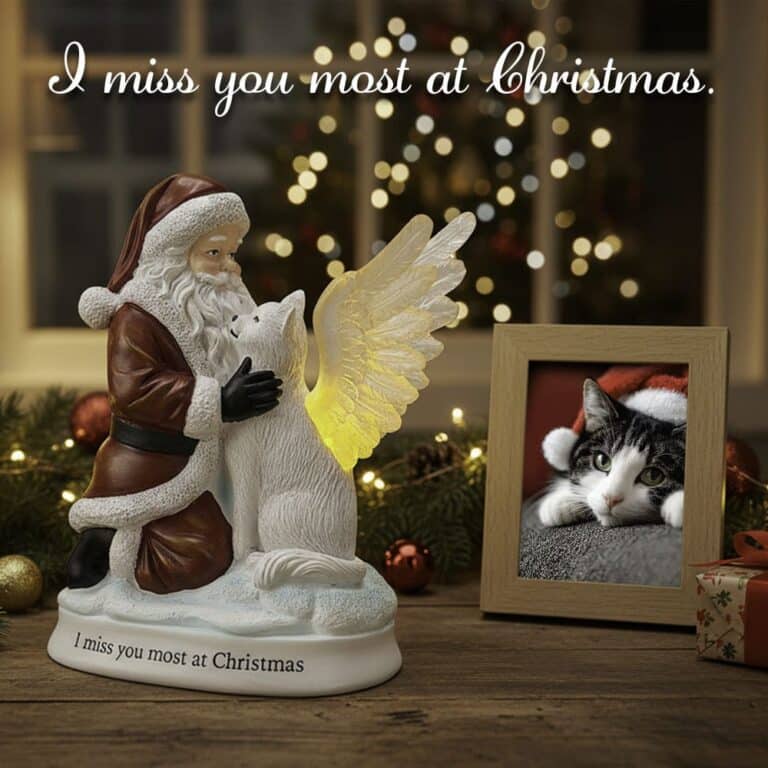 'I Miss You Most at Christmas' Santa & Angel Cat Lighted Memorial Figurine