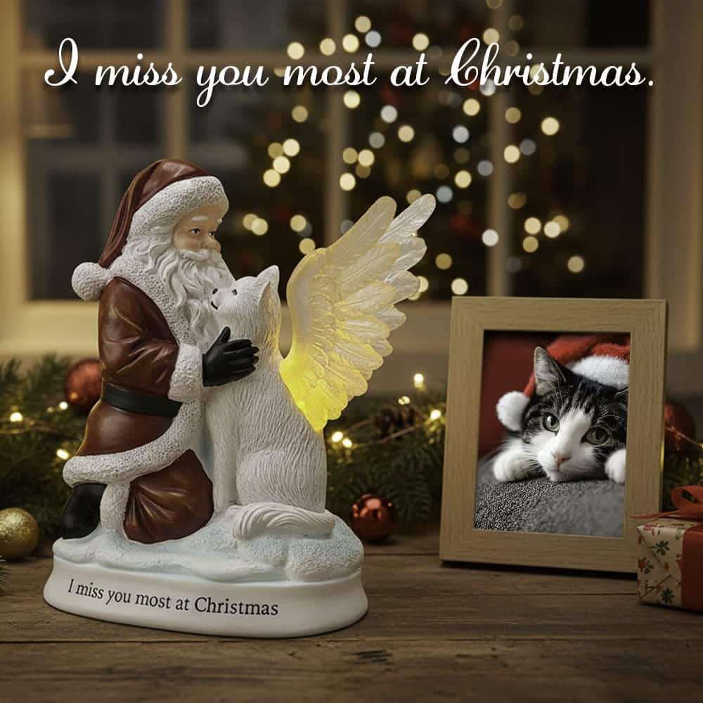 'I Miss You Most at Christmas' Santa & Angel Cat Lighted Memorial Figurine