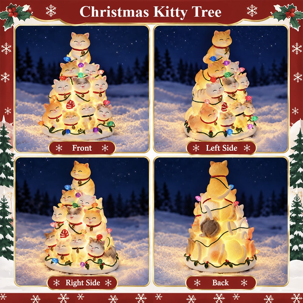 Kitty Christmas Tree with Lights - Hand Crafted Resin Tree, Lighted Holiday Decor - Image 7