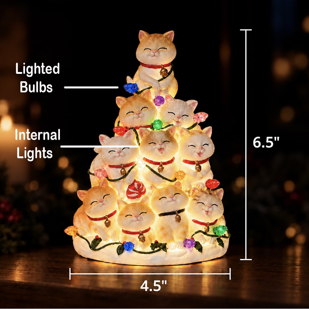 Kitty Christmas Tree with Lights - Hand Crafted Resin Tree, Lighted Holiday Decor - Image 10