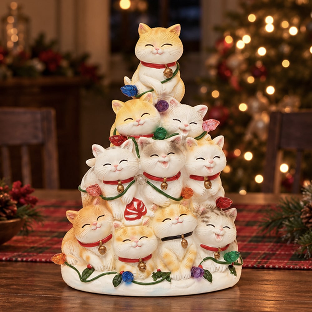 Kitty Christmas Tree with Lights - Hand Crafted Resin Tree, Lighted Holiday Decor - Image 3