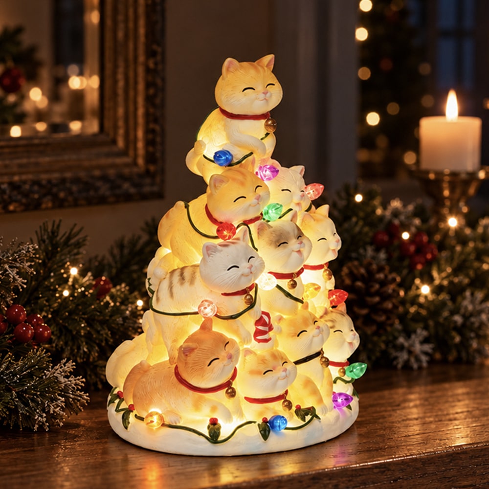 Kitty Christmas Tree with Lights - Hand Crafted Resin Tree, Lighted Holiday Decor - Image 4
