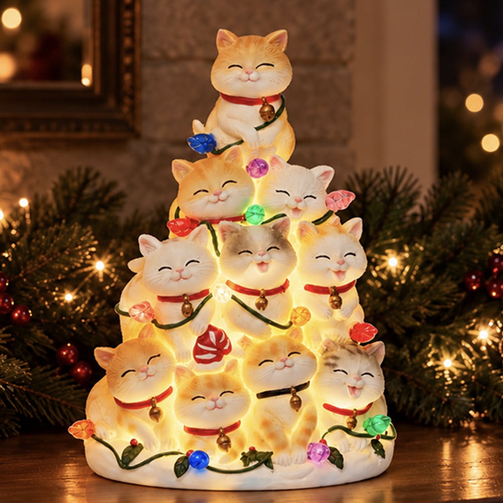 Kitty Christmas Tree with Lights - Hand Crafted Resin Tree, Lighted Holiday Decor - Image 5