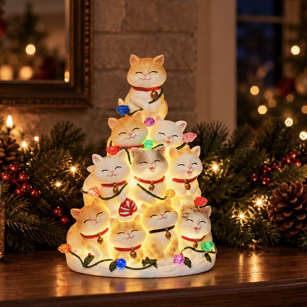 Kitty Christmas Tree with Lights - Hand Crafted Resin Tree, Lighted Holiday Decor - Image 9