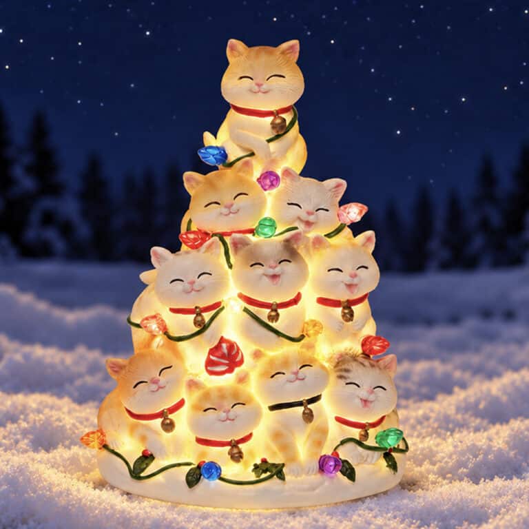 Kitty Christmas Tree with Lights - Hand Crafted Resin Tree, Lighted Holiday Decor