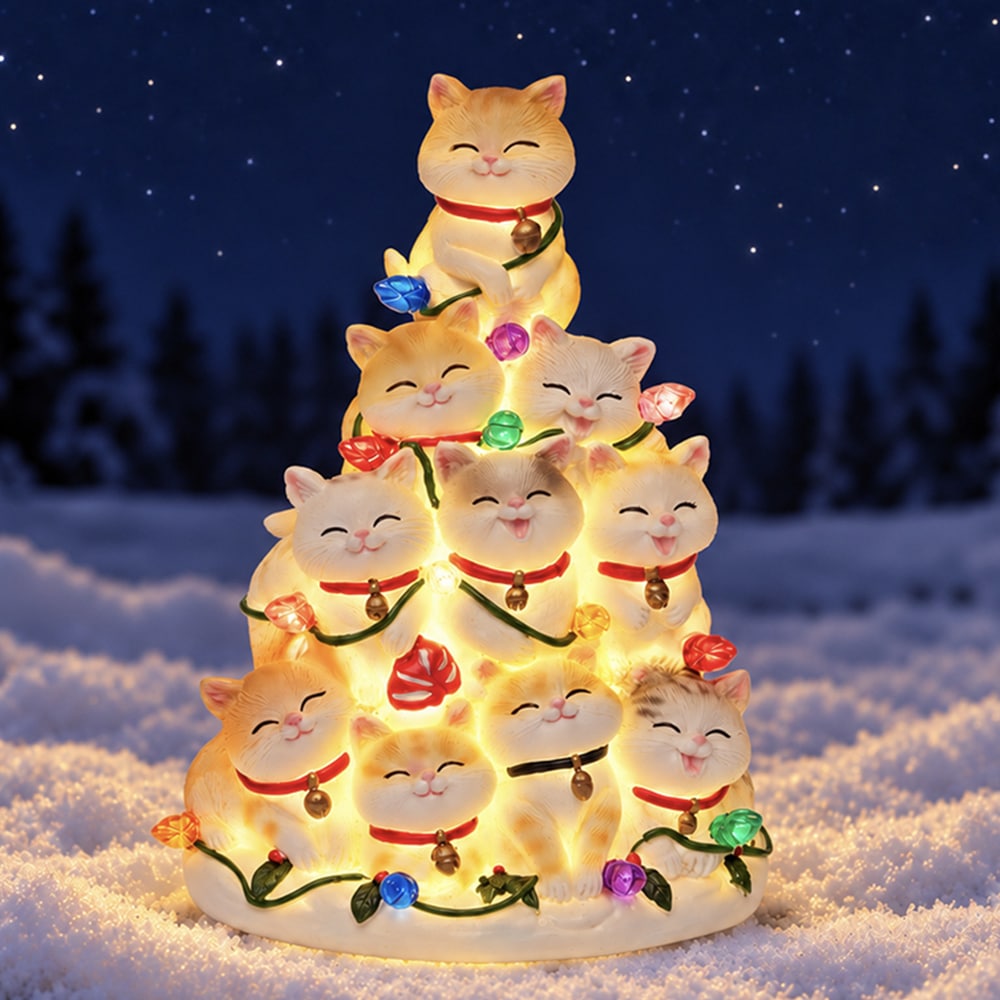 Kitty Christmas Tree with Lights - Hand Crafted Resin Tree, Lighted Holiday Decor
