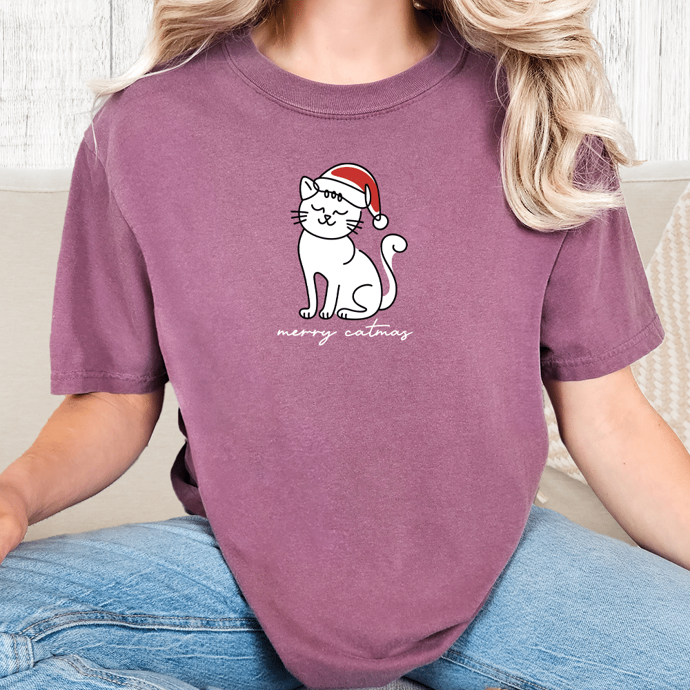 Comfort Colors Merry Catmas Kitty Vintage Washed Tee - Berry