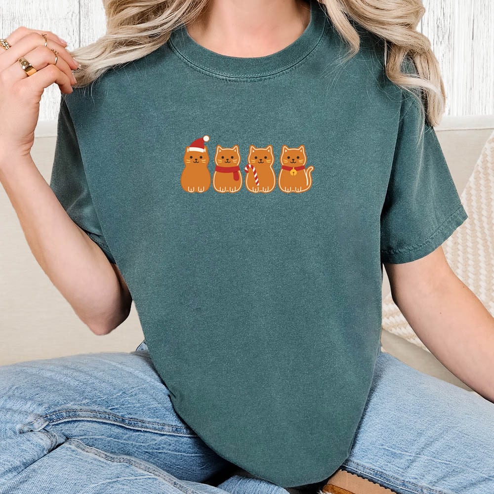 Comfort Colors Gingerbread Cats Vintage Washed Tee - Blue Spruce