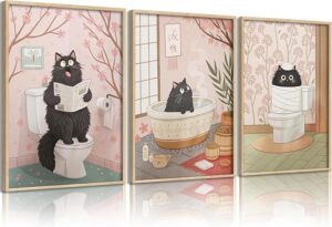 ZHJIOFXG Funny Black Cat Bathroom Wall Art Set of 3-Pink