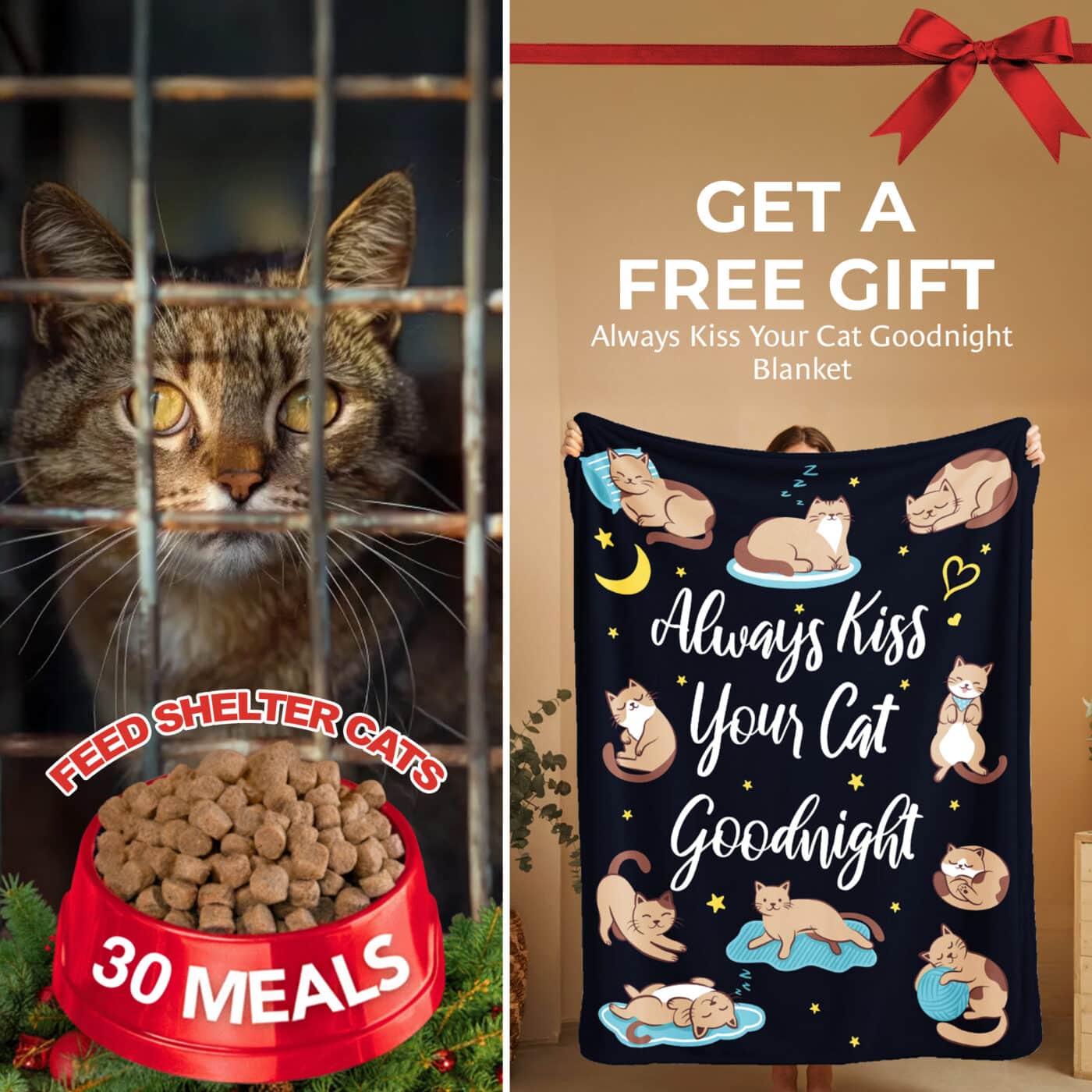FUND 30 Meals for $20 and Get a FREE Always Kiss Your Cat Goodnight Blanket – Large 60″x 45″ Ultra Soft –Blanket, Throw, Home Decor- Helps Feed Hungry Cats in Need