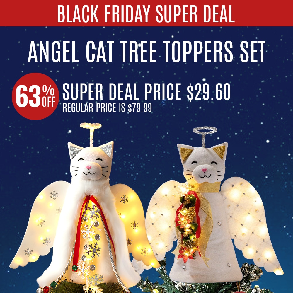 BLACK FRIDAY SUPER DEAL 63% OFF – Get 2 Christmas Angel Cat Tree Toppers, Holiday Decorations – Lighted Garland & Wings