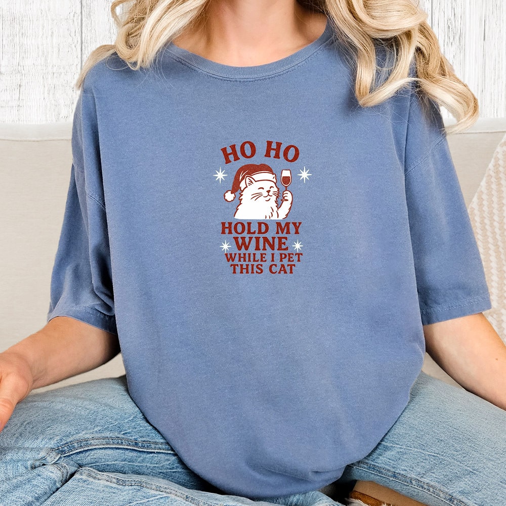 Comfort Colors Ho Ho Hold My Wine Vintage Washed Tee - Blue Jean