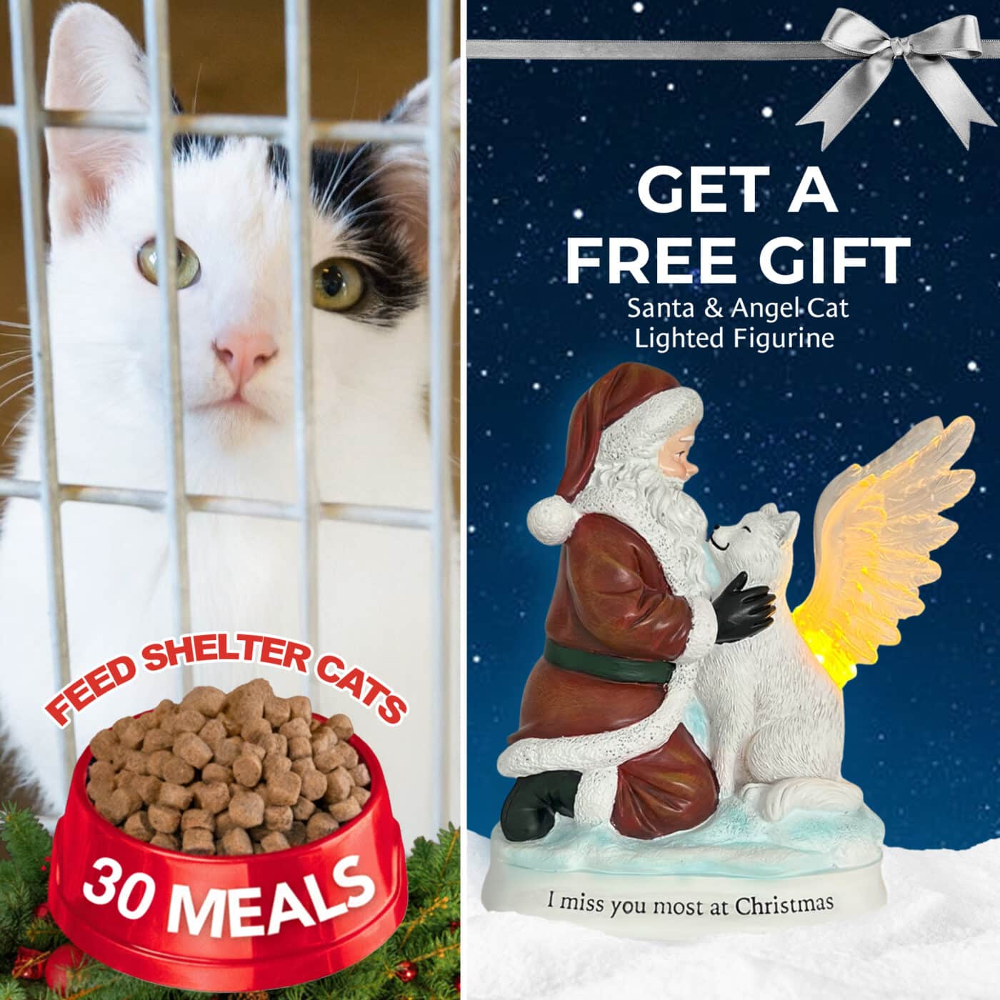 FUND 30 Meals for $20 and Get a FREE 'I Miss You Most at Christmas' Santa & Angel Cat Lighted Memorial Figurine- Helps Feed Hungry Shelter Cats in Need