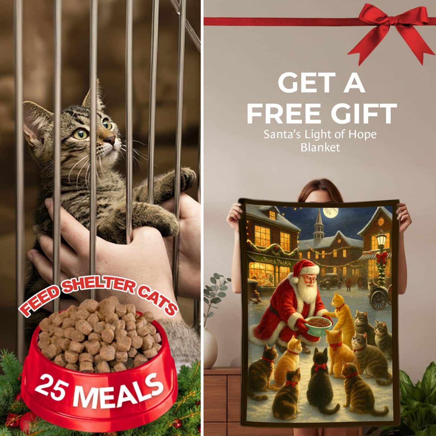 FUND 25 Meals for $15 and Get a FREE Santa's Light Of Hope for Cats Blanket- Small 40 x 30", Ultra Soft Throw, Home Decor- Helps Feed Hungry Cats In Need