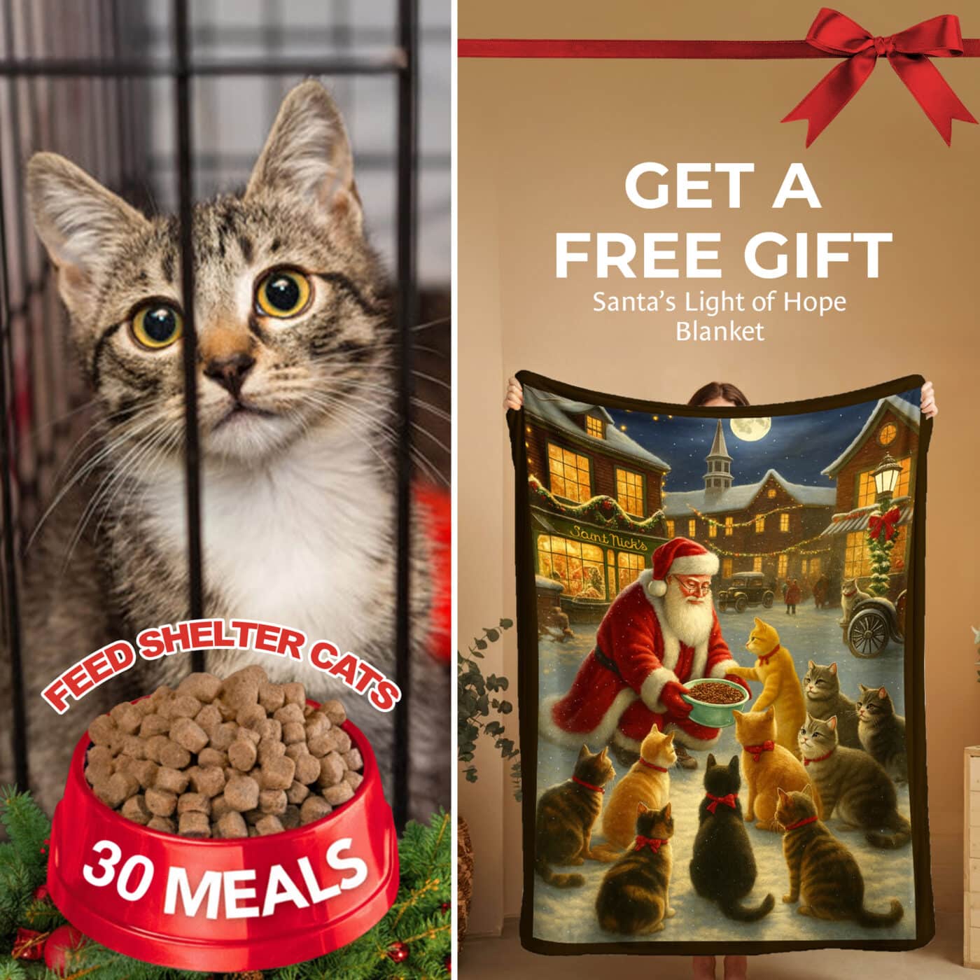 FUND 30 Meals for $20 and Get a FREE Santa's Light Of Hope for Cats Blanket- Large 60 x 45", Ultra Soft Throw, Home Decor- Helps Feed Hungry Cats In Need