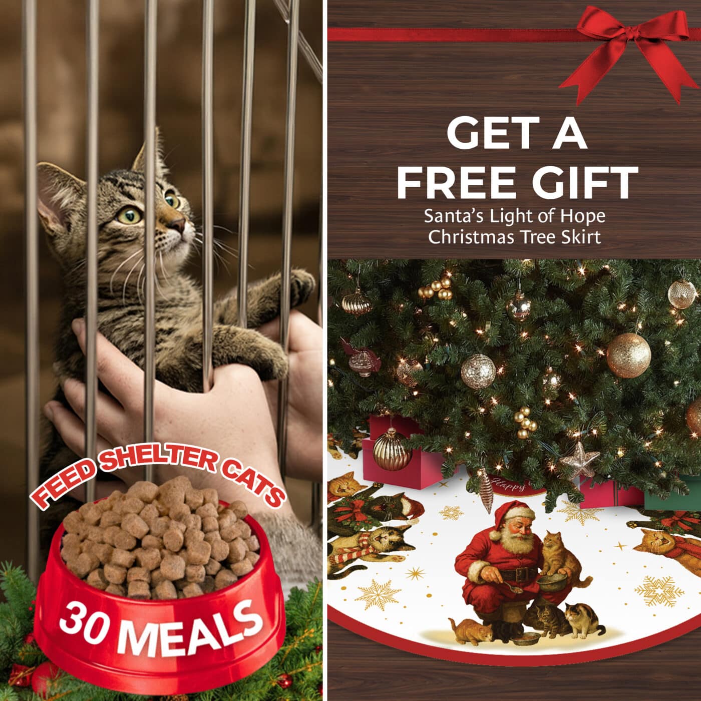 FUND 30 Meals for $20 and Get a FREE Santa’s Light Of Hope for Cats Christmas Tree Skirt – 48″ Holiday Decor- Helps Feed Hungry Shelter Cats in Need