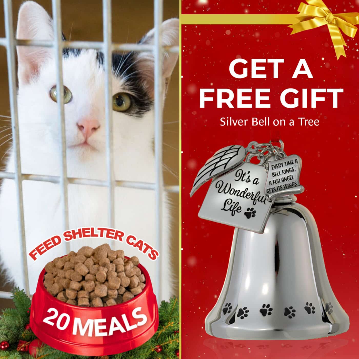 Donate 20 Meals For $10 and Get a FREE GIFT of It's A Wonderful Life Collectable Silver Bell Cat Ornament ..... Every Time A Bell Rings A Fur Angel Gets It's Wings