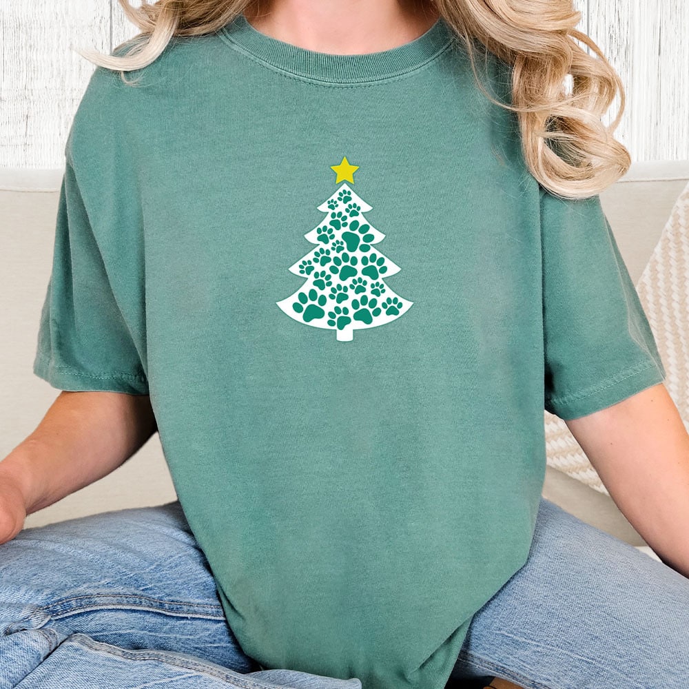 Comfort Colors Merry Christmas Tree Paws Vintage Washed Tee - Sea foam