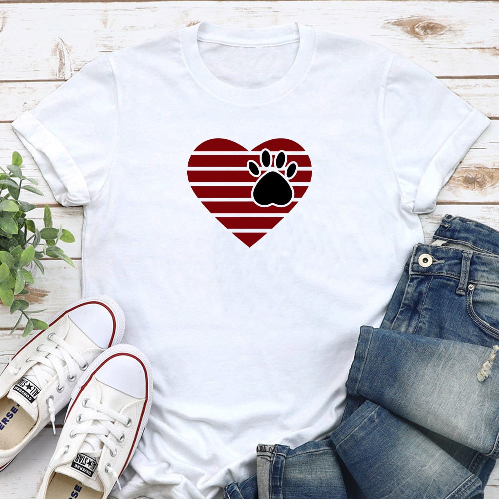 Striped Heart Paw Standard Tee White