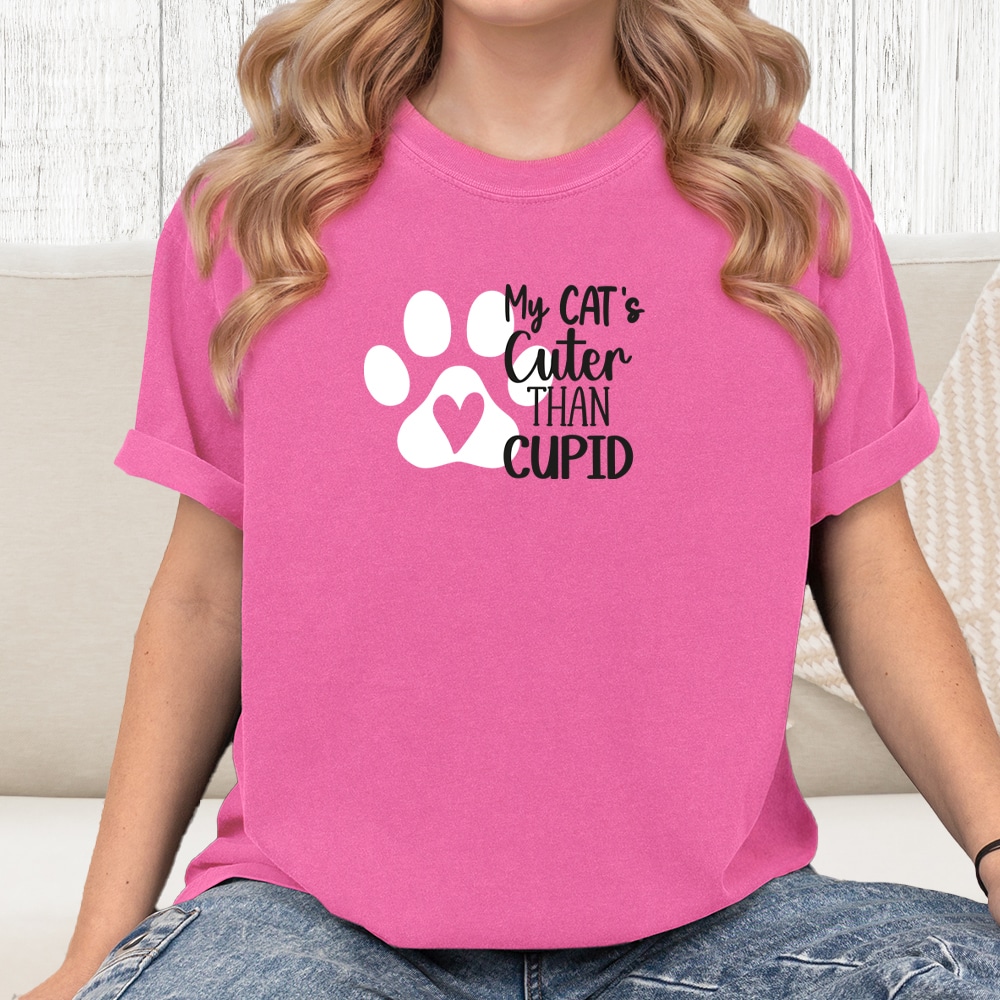 Comfort Colors My Cat Is Cuter Than Cupid Vintage Washed Tee - Crunchberry