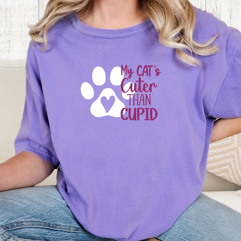 Comfort Colors My Cat Is Cuter Than Cupid Vintage Washed Tee - Violet