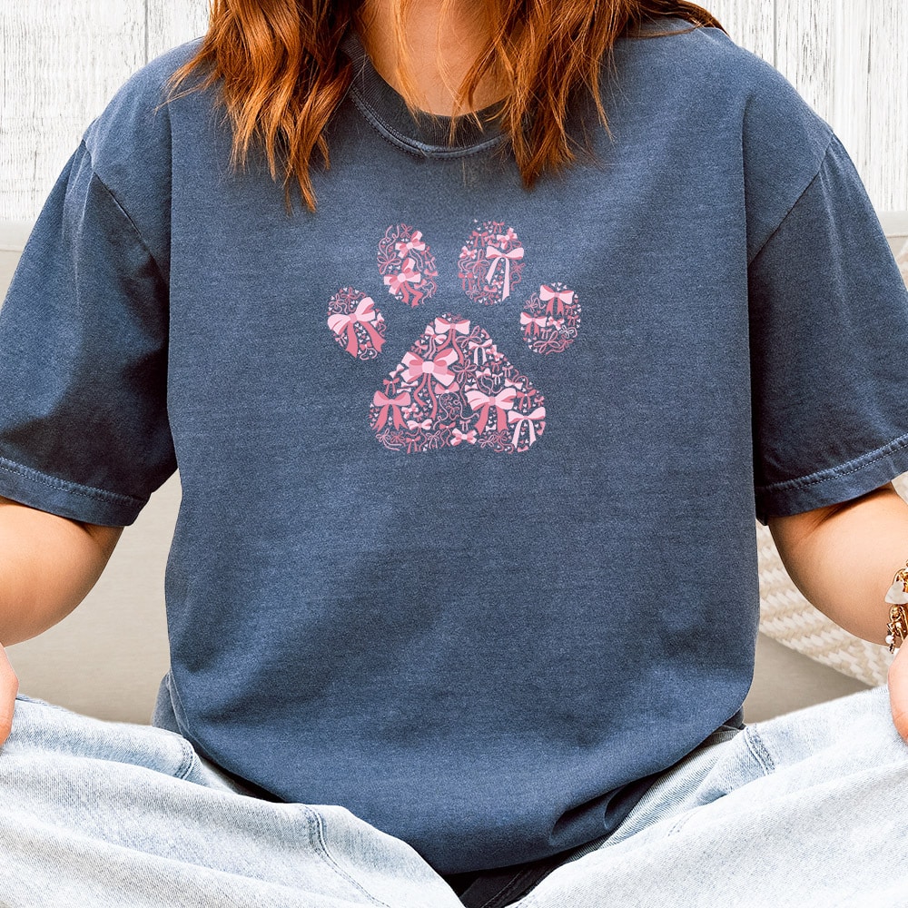 Comfort Colors Pink Ribbon Paw Vintage Washed Tee - Denim