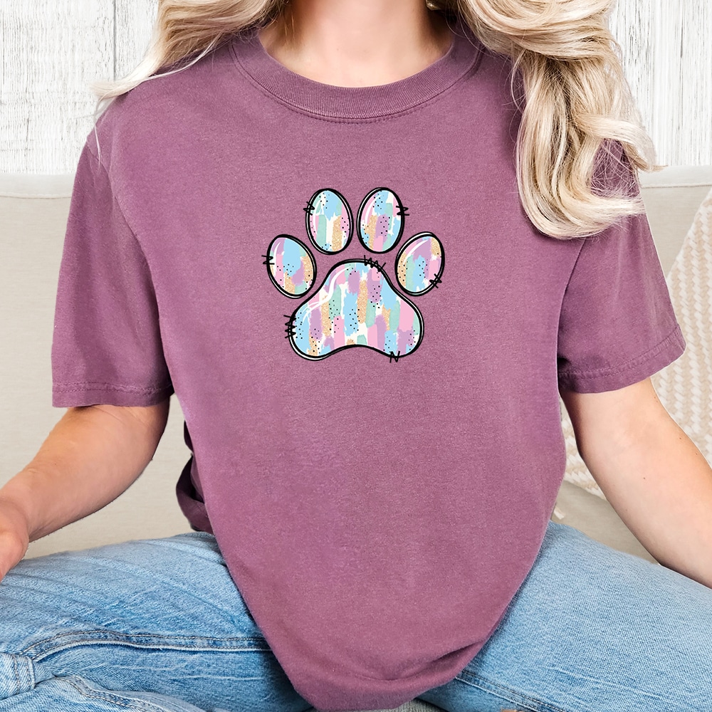 Comfort Colors Easter Paw Print Vintage Washed Tee - Berry