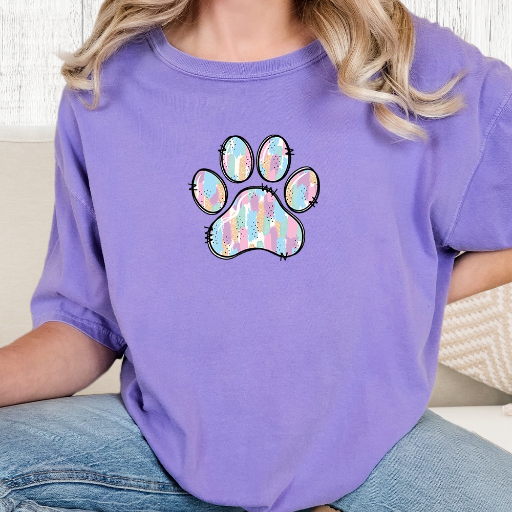 Comfort Colors Easter Paw Print Vintage Washed Tee - Violet