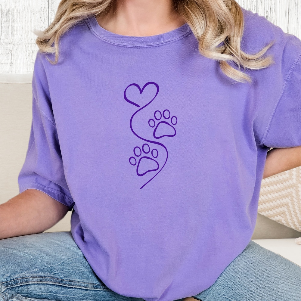 Comfort Colors Paws Leave Heart Prints Vintage Washed Tee - Violet