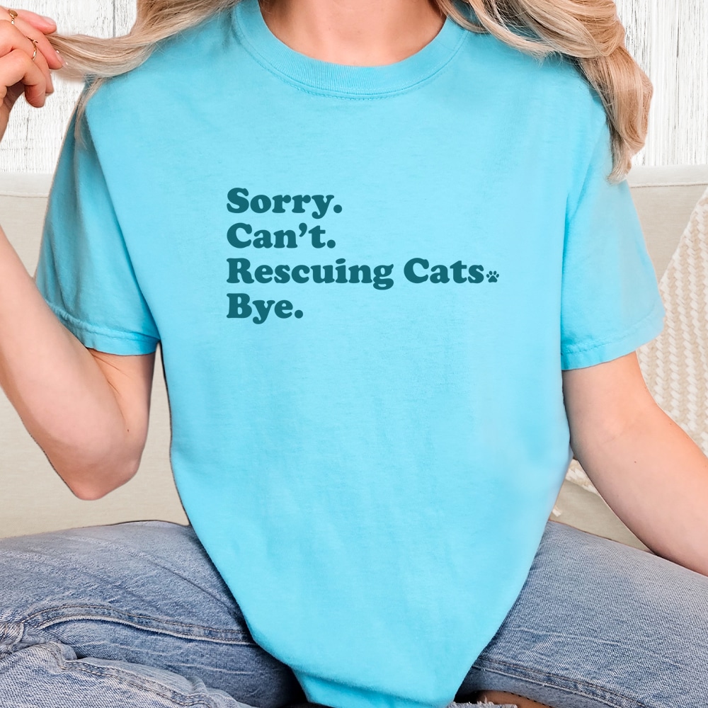 Comfort Colors Sorry, Can’t. I’m Rescuing Cats Vintage Washed Tee - Blue Lagoon