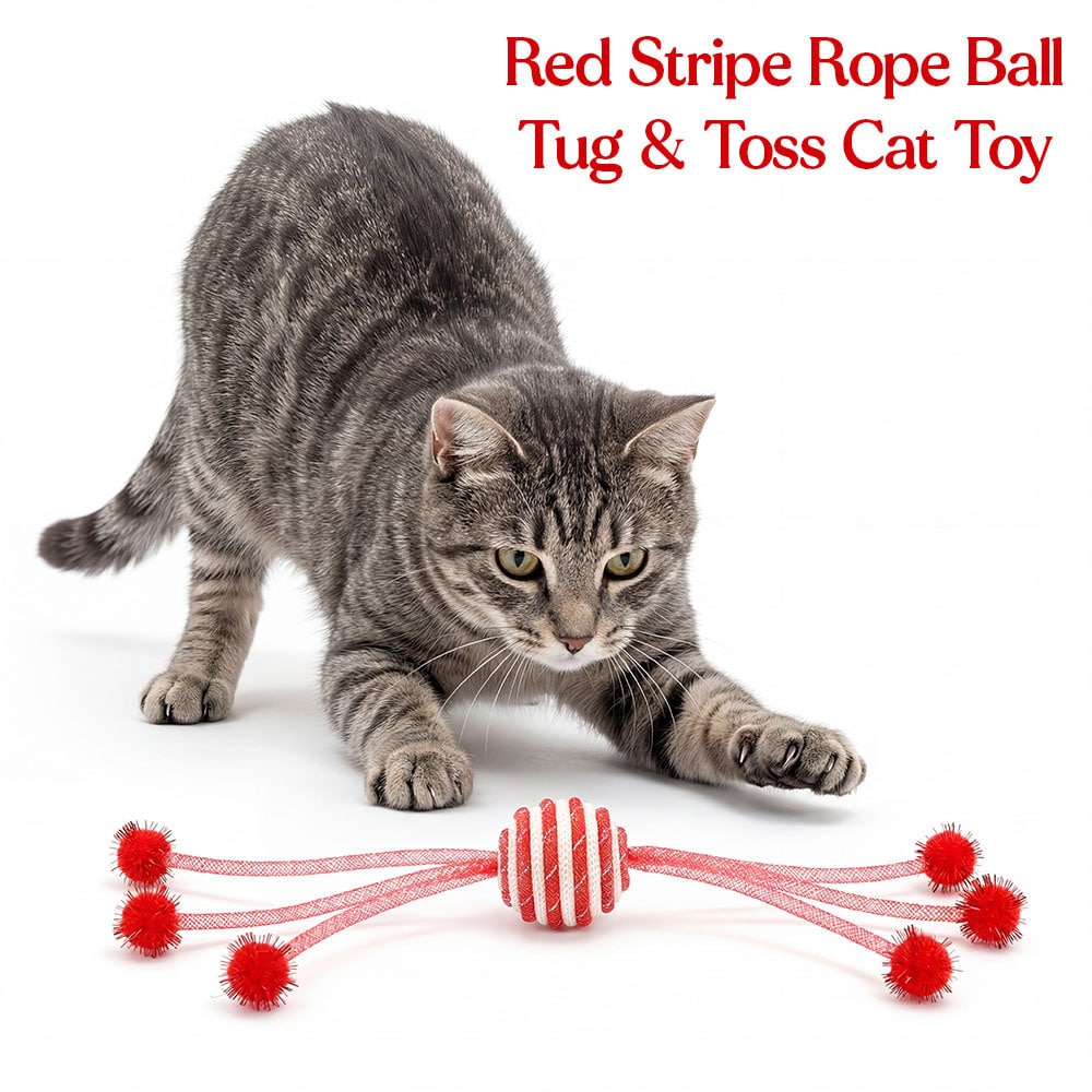 Red Stripe Rope Ball Tug & Toss Cat Toy - Helps Feed Hungry Shelter Cats in Need