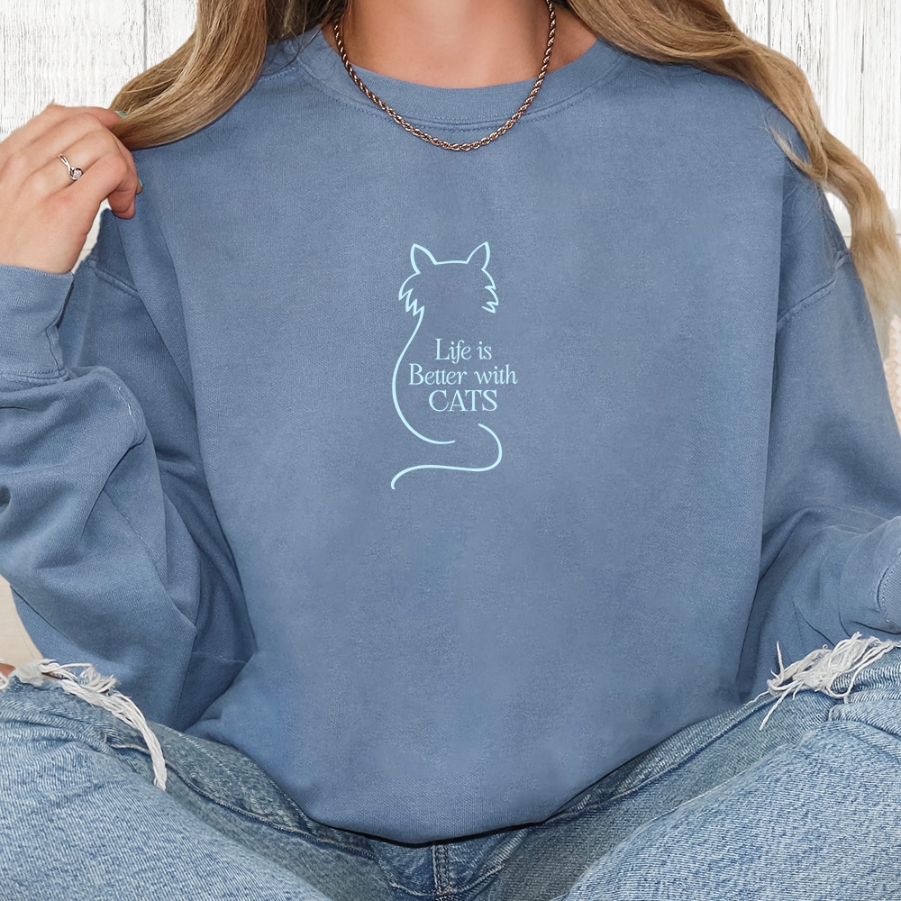 Comfort Colors Life Is Better With Cats Outline Premium Sweatshirt - Blue Jean