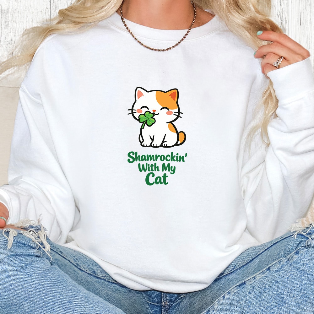 Comfort Colors Shamrockin With My Cat Premium Sweatshirt - White