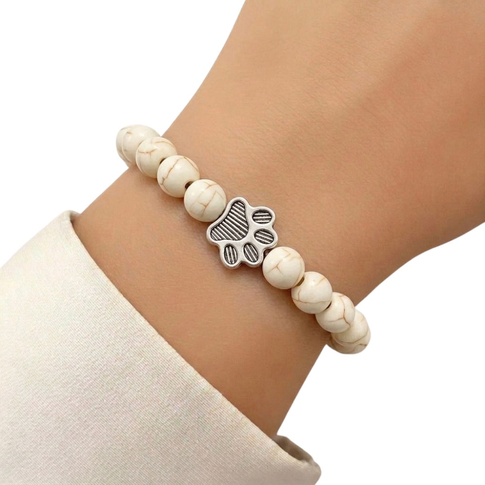 Paw Print Beaded Stretch Bracelet - White Pine