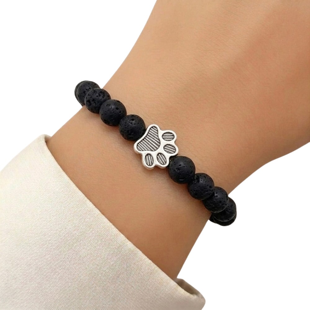 Paw Print Beaded Stretch Bracelet – Black