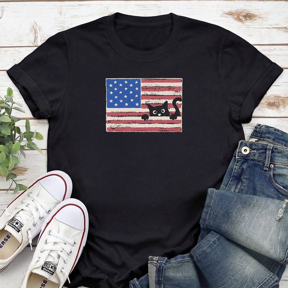 Peek-a-Boo Patriot Cat Standard Tee Black
