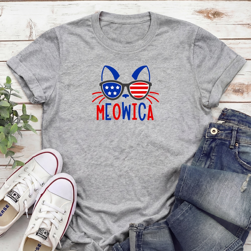 Meowica Patriotic Cat Standard Tee Heather Grey