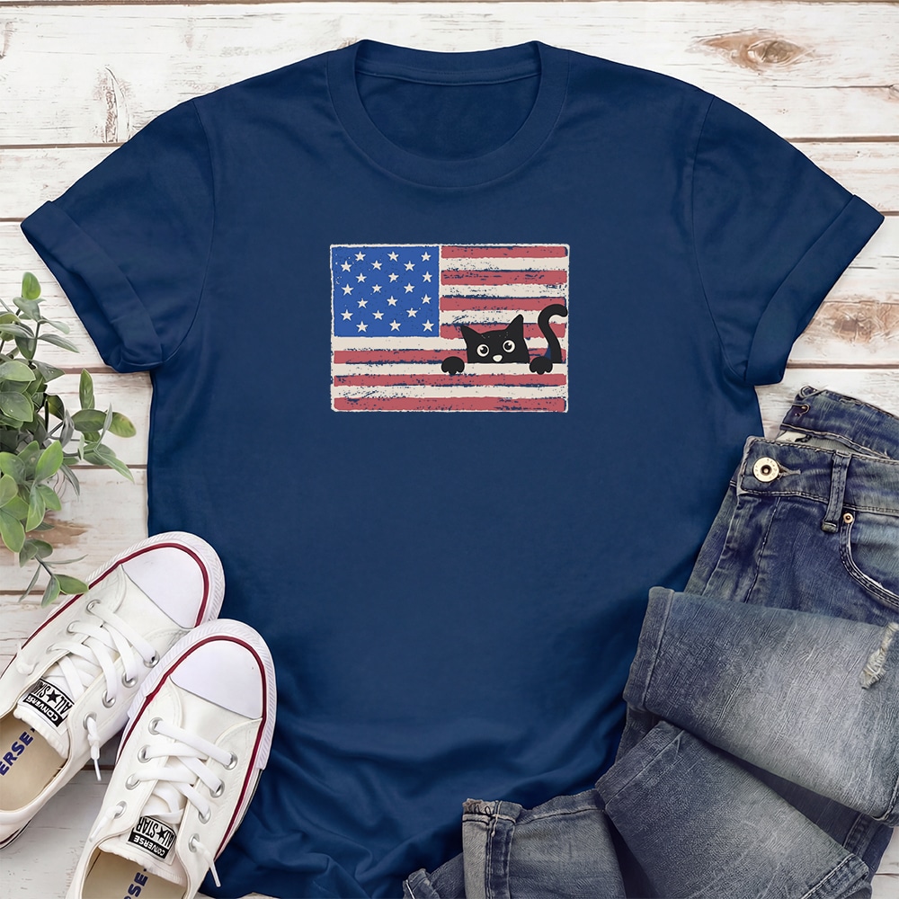 Peek-a-Boo Patriot Cat Standard Tee Navy