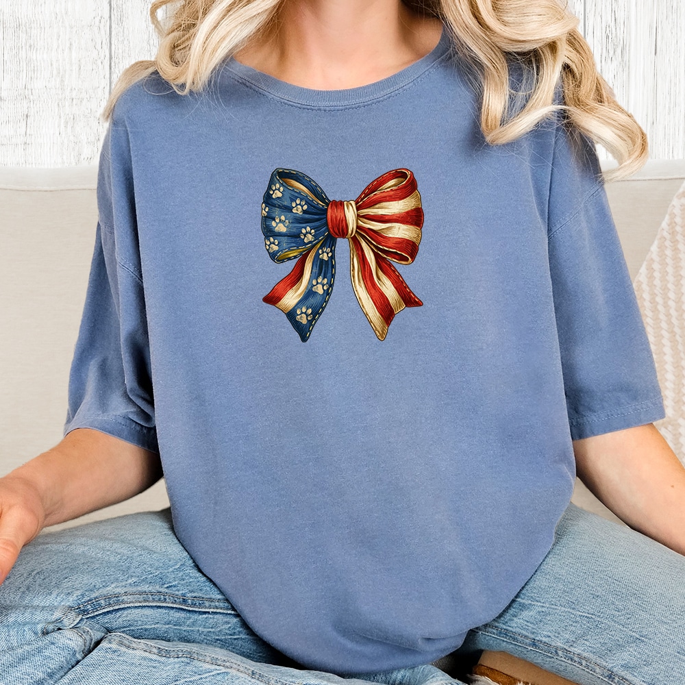 Comfort Colors All-American Paw Bow Vintage Washed Tee - Blue Jean
