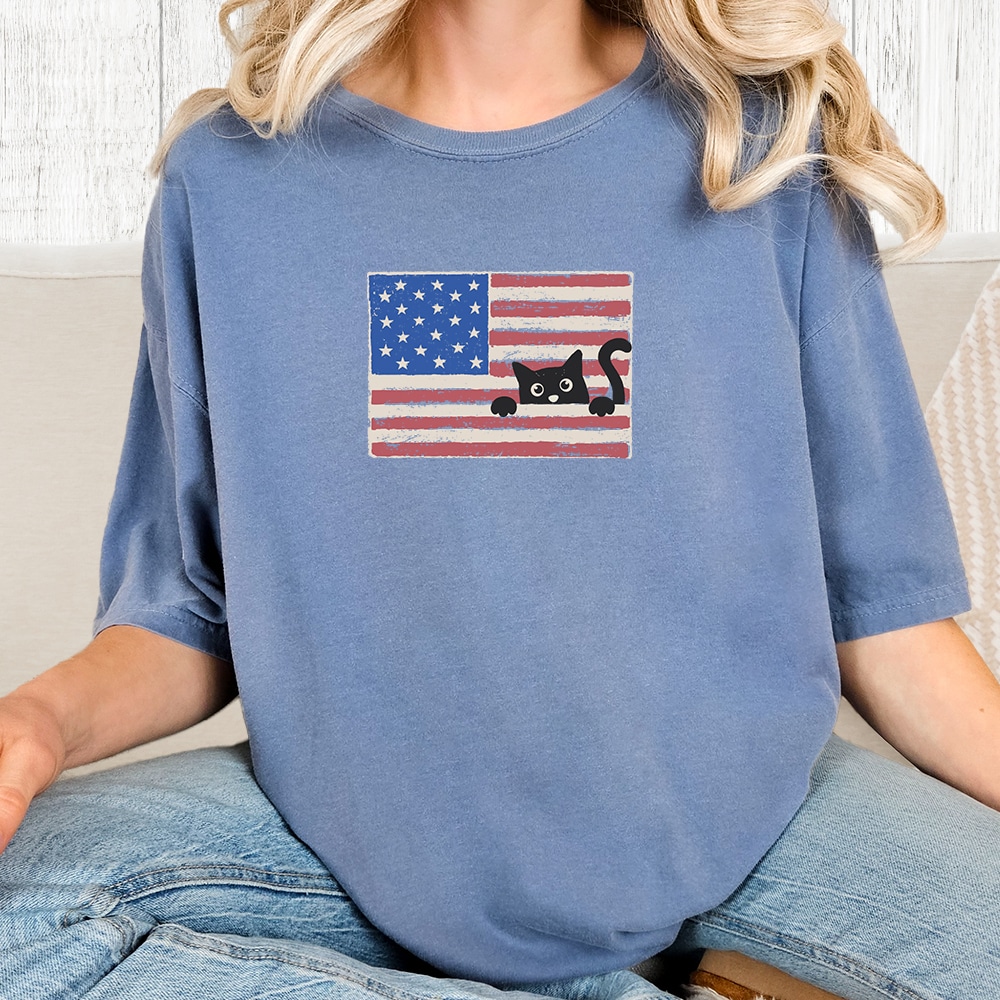 Comfort Colors Peek-a-Boo Patriot Cat Vintage Washed Tee - Blue Jean