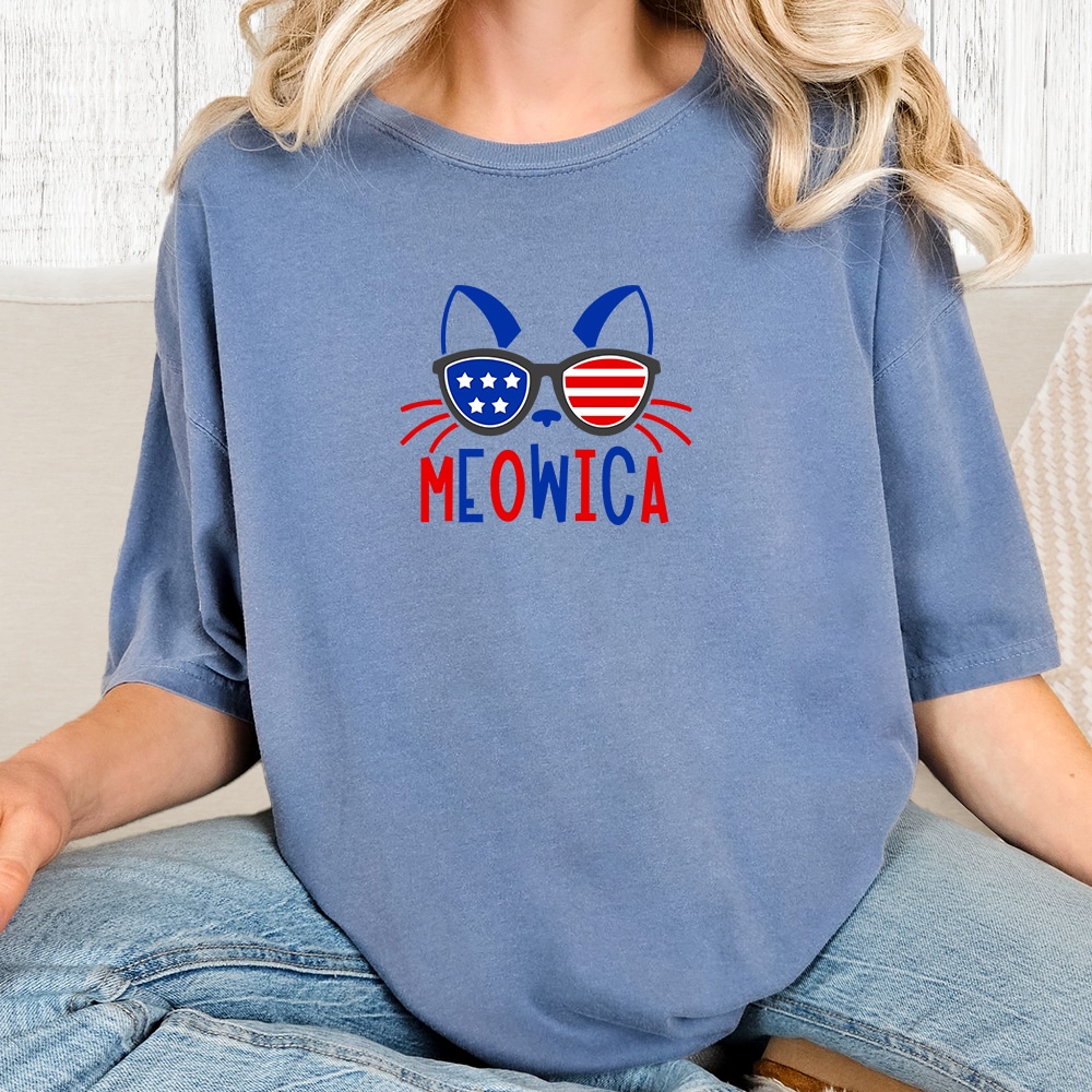 Comfort Colors Meowica Patriotic Cat Vintage Washed Tee - Blue Jean