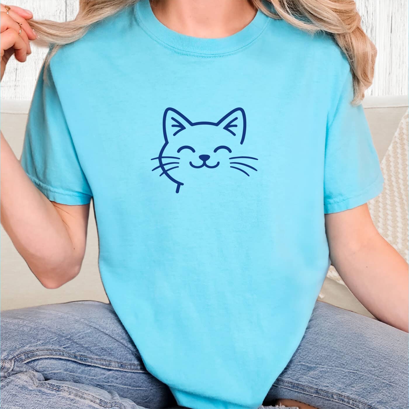 Comfort Colors Sweet Kitty Smile Vintage Washed Tee - Lagoon Blue