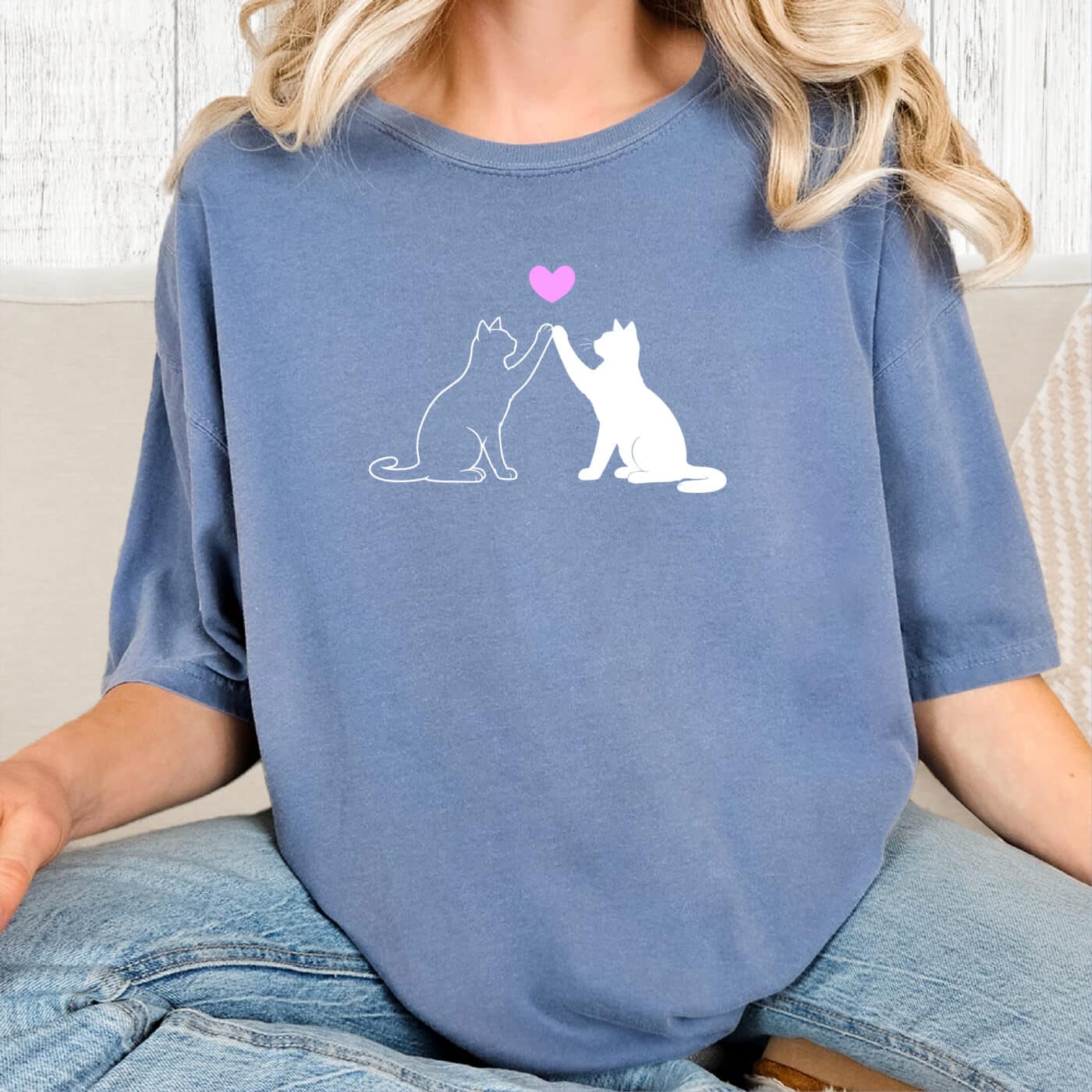 Comfort Colors Cat Love High-Five Vintage Washed Tee - Blue Jean