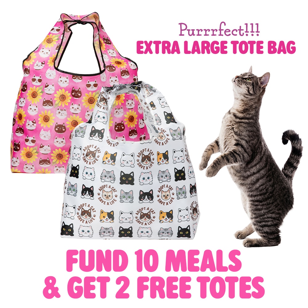 Fund 10 Meals & Get 2 Free Totes - Kitties & Sunflowers and Adopt A Cat Save A Life Reusable Totes – Folding Grocery Tote Pouch Bags