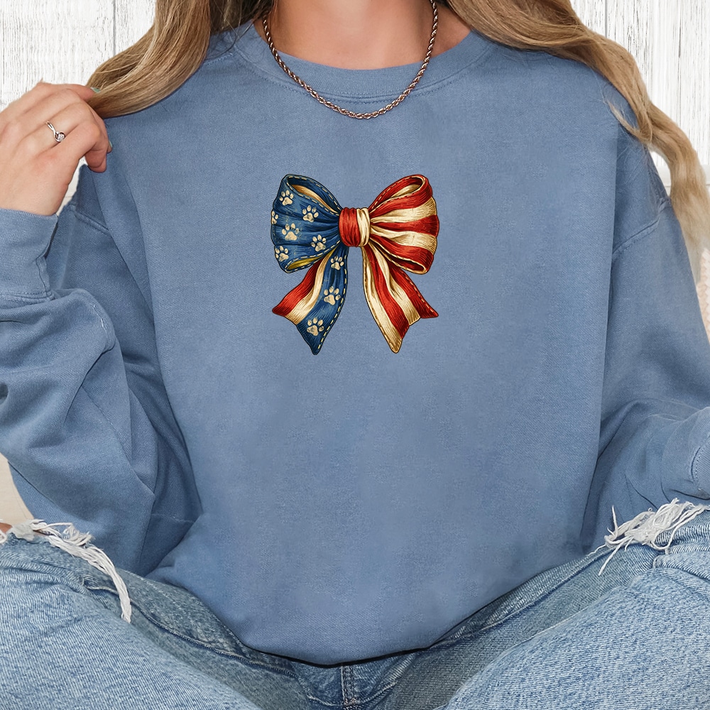 Comfort Colors All-American Paw Bow Premium Sweatshirt - Blue Jean