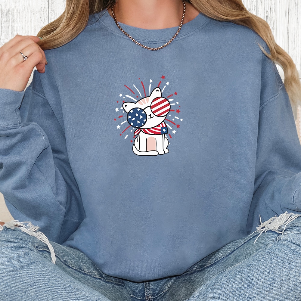 Comfort Colors All-American Party Cat Premium Sweatshirt - Blue Jean
