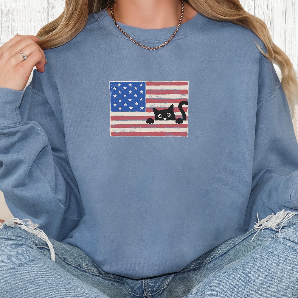 Comfort Colors Peek-a-Boo Patriot Cat Premium Sweatshirt - Blue Jean