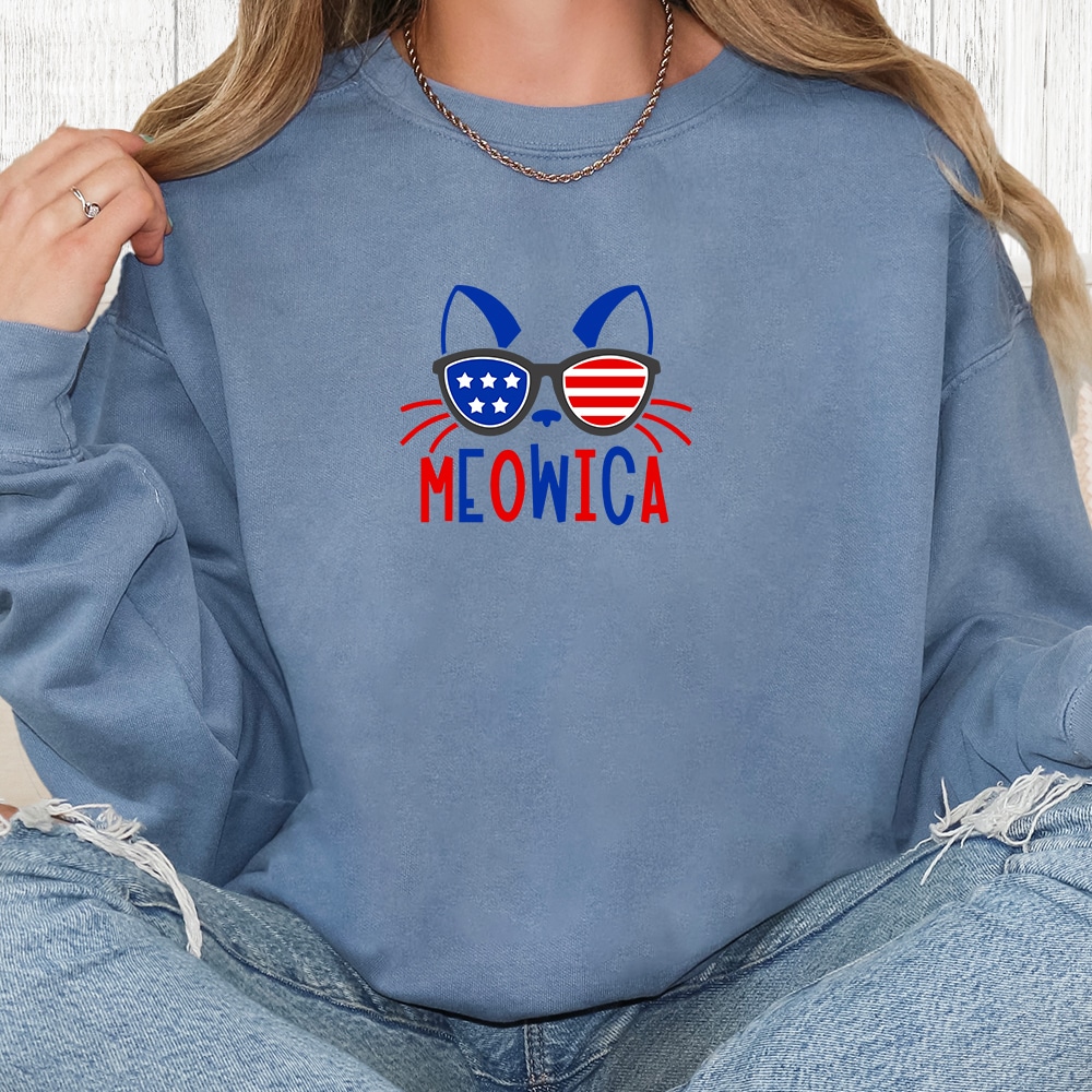 Comfort Colors Meowica Patriotic Cat Premium Sweatshirt - Blue Jean