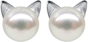 Wicary Cat Earrings Sterling Silver Pearl Earrings